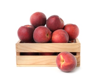 Photo of Crate of delicious ripe peaches isolated on white