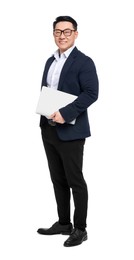 Businessman in suit with laptop on white background