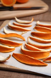 Many dry orange peels on wooden table