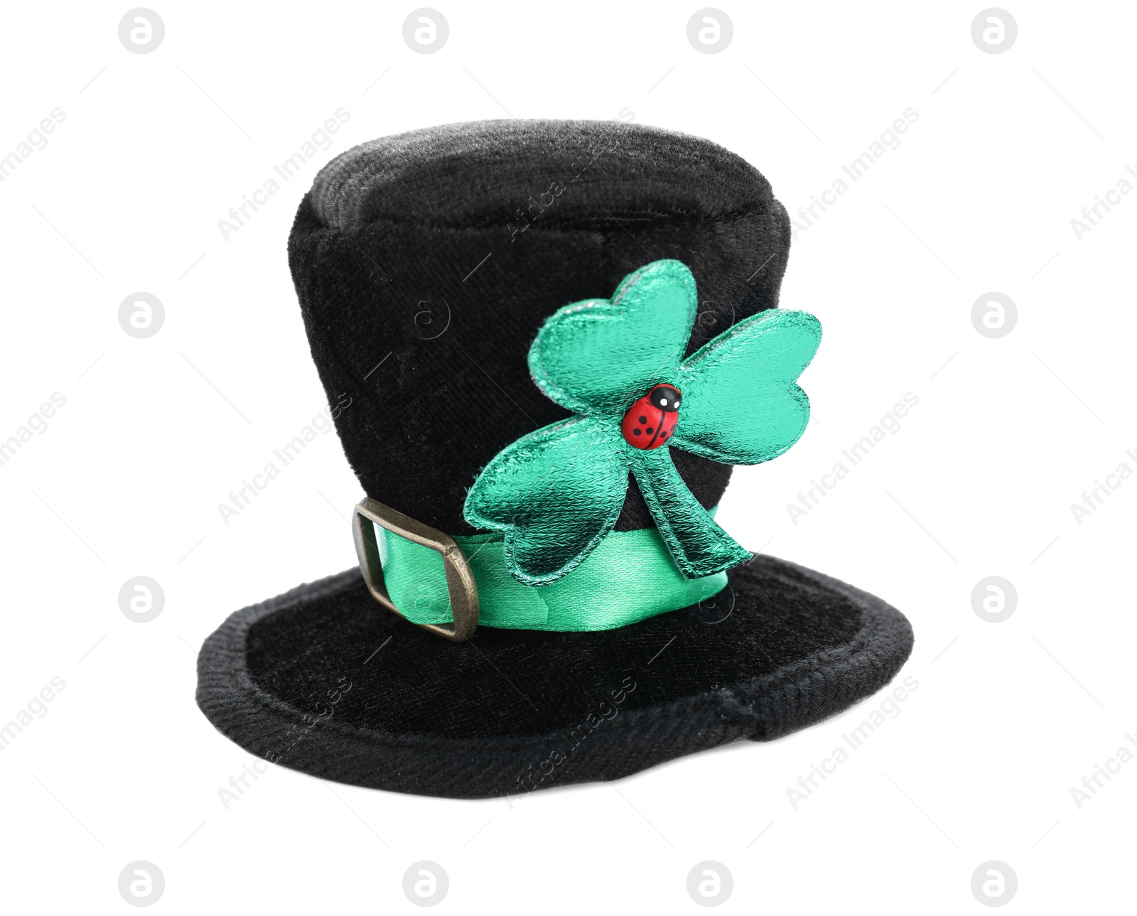 Photo of Black leprechaun hat with clover leaf isolated on white. St. Patrick's Day celebration