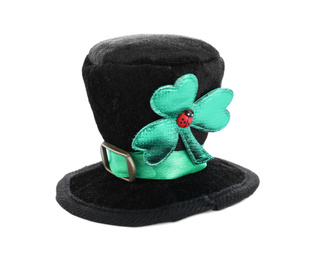 Black leprechaun hat with clover leaf isolated on white. St. Patrick's Day celebration