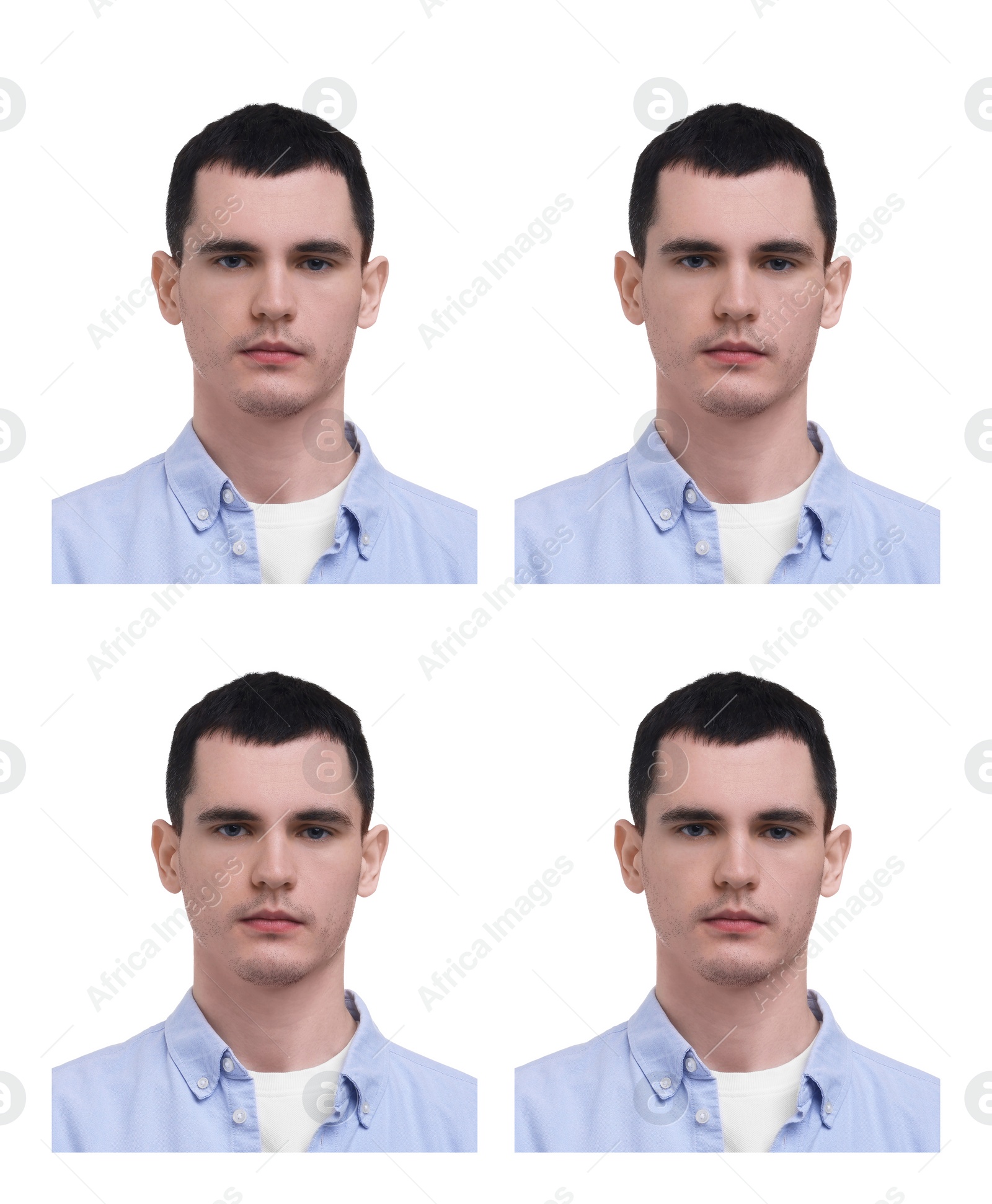 Image of Passport photo, collage. Man on white background, set of photos