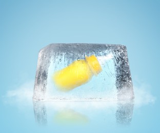 Image of Conservation of genetic material. Baby feeding bottle in ice cube as cryopreservation on light blue background
