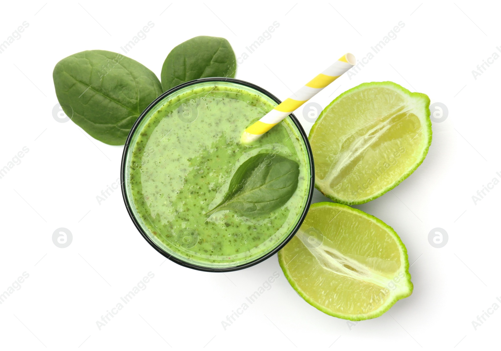 Photo of Glass with delicious detox smoothie on white background, top view