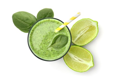 Photo of Glass with delicious detox smoothie on white background, top view