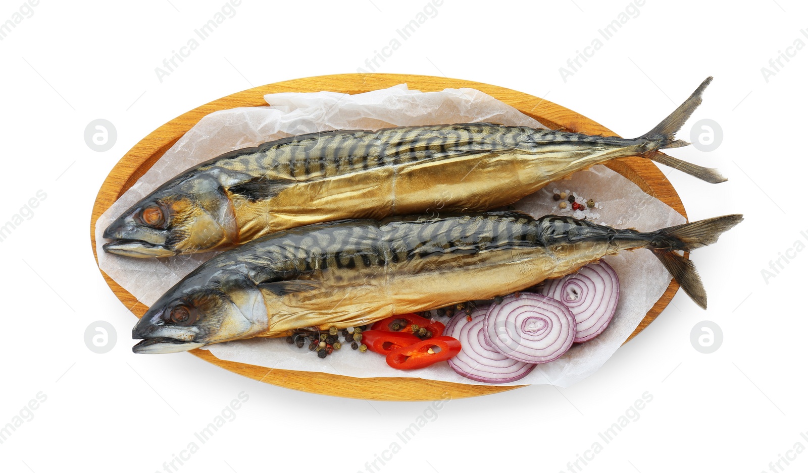Photo of Delicious smoked mackerels, chili pepper and onion isolated on white, top view