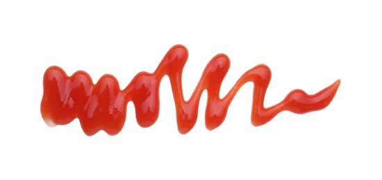 Photo of Tasty ketchup smear isolated on white, top view