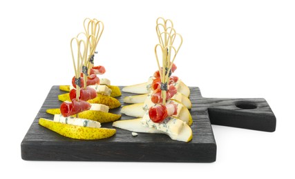 Photo of Tasty canapes with pears, blue cheese and prosciutto isolated on white