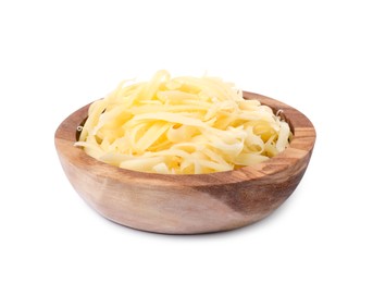 Photo of Tasty grated cheese in bowl isolated on white