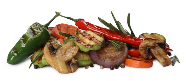 Mix of delicious grilled vegetables on white background