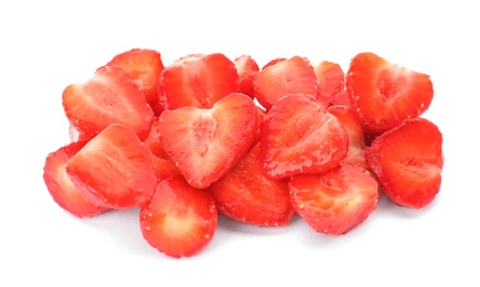 Many ripe red strawberries on white background