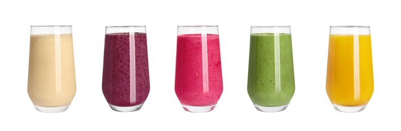 Set with different tasty smoothies on white background. Banner design