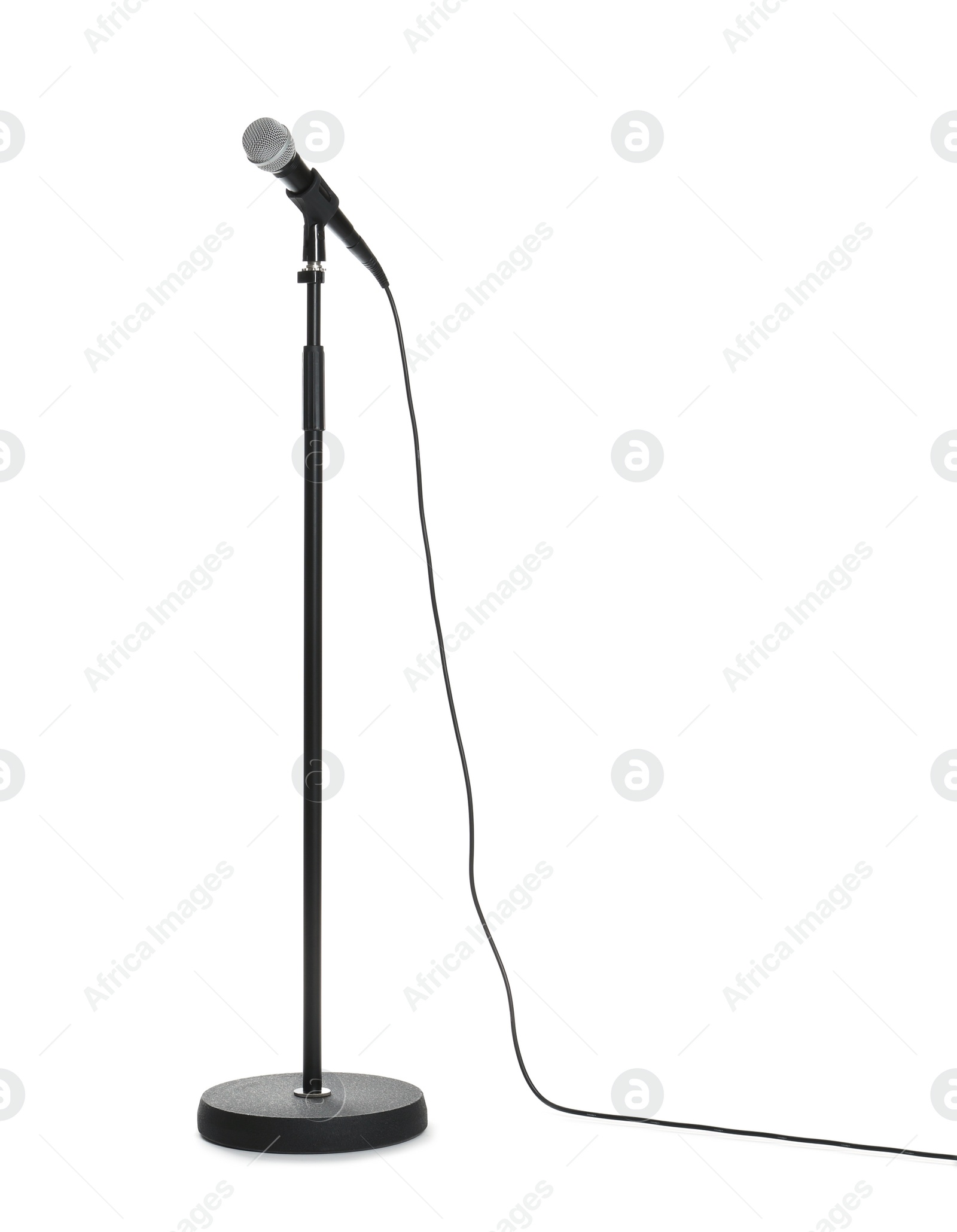 Photo of Stand with modern microphone on white background