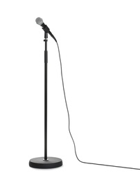 Photo of Stand with modern microphone on white background