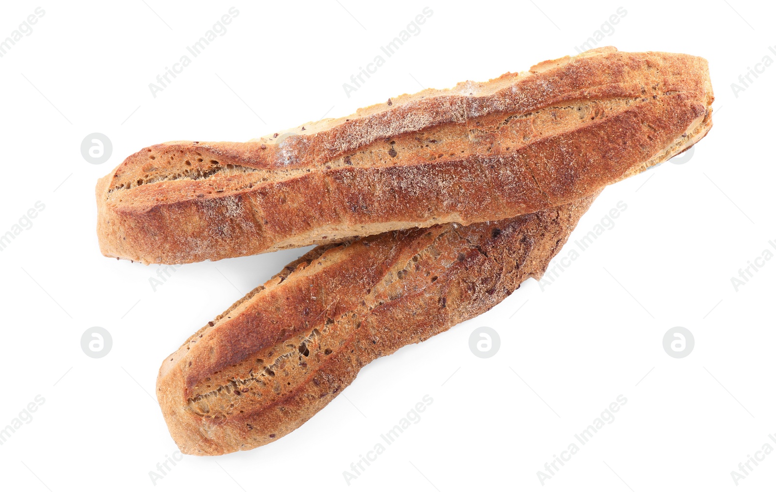 Photo of Tasty buckwheat baguettes on white background, top view. Fresh bread