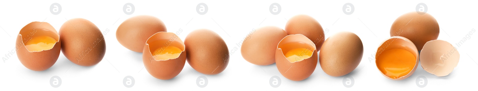 Image of Set of raw chicken eggs on white background. Banner design 