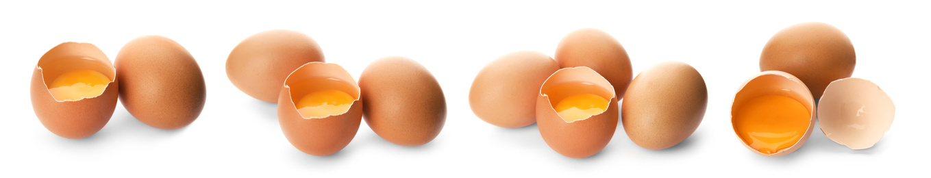 Image of Set of raw chicken eggs on white background. Banner design 