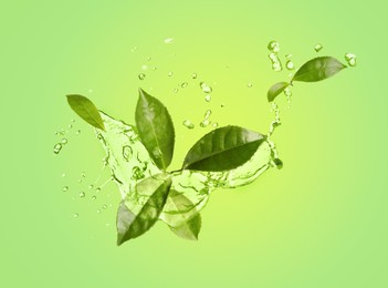 Image of Splashes of refreshing drink with leaves on pale green background. Green or matcha tea