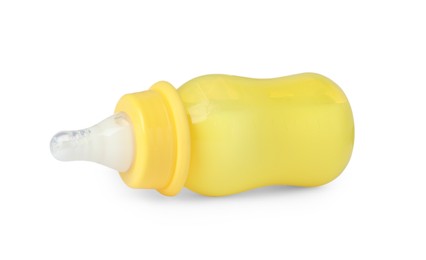 One feeding bottle with milk on white background