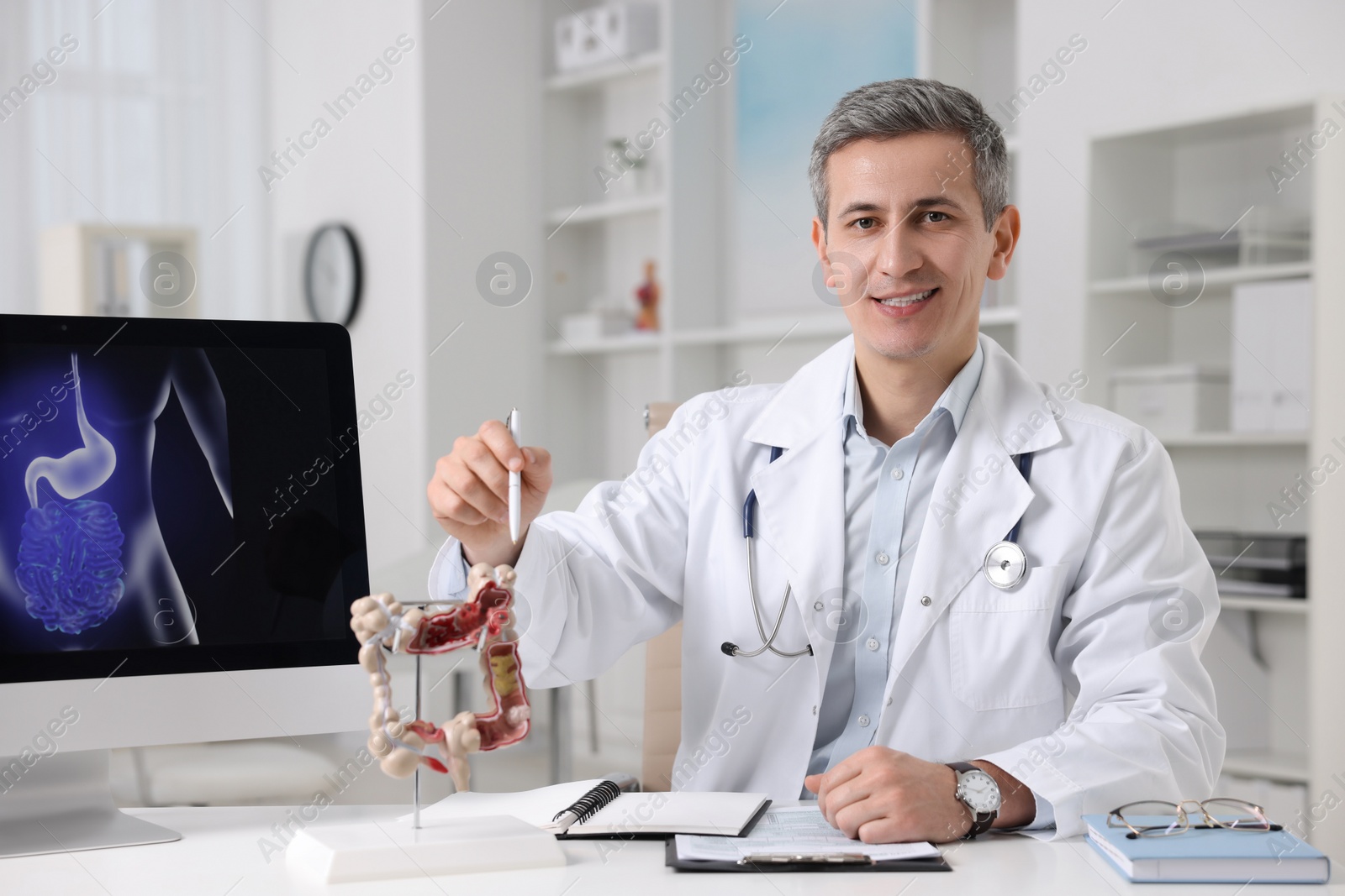 Photo of Gastroenterologist showing anatomical model of large intestine at table in clinic