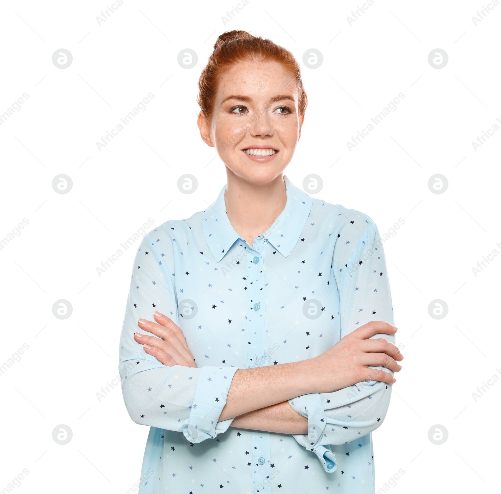 Photo of Portrait of young woman with beautiful face on white background