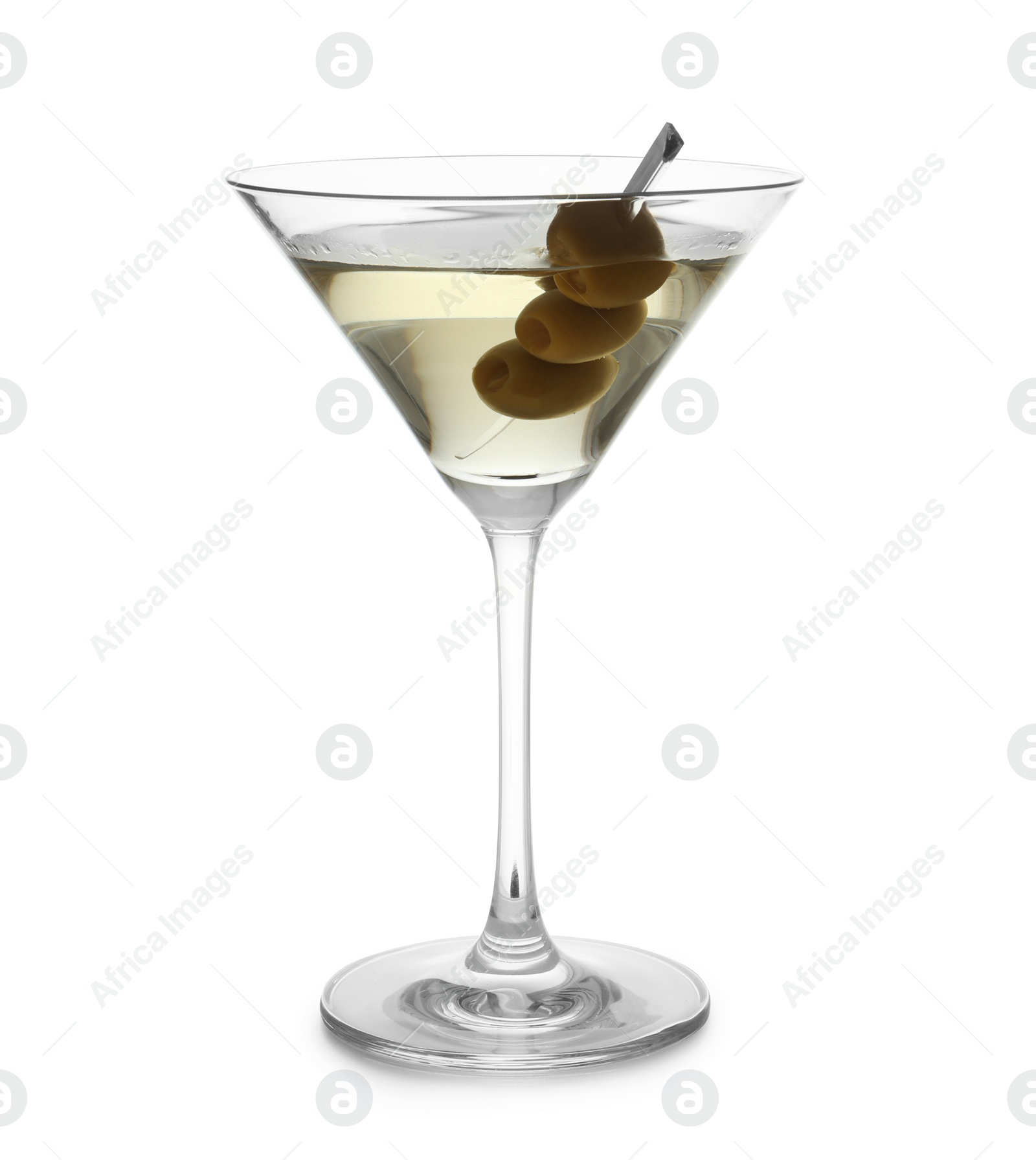 Photo of Glass of olive martini on white background