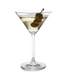 Glass of olive martini on white background