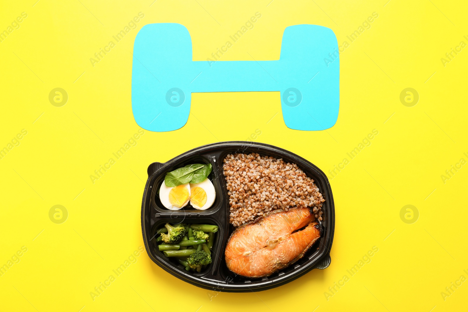 Photo of Flat lay composition with container of natural protein food on color background