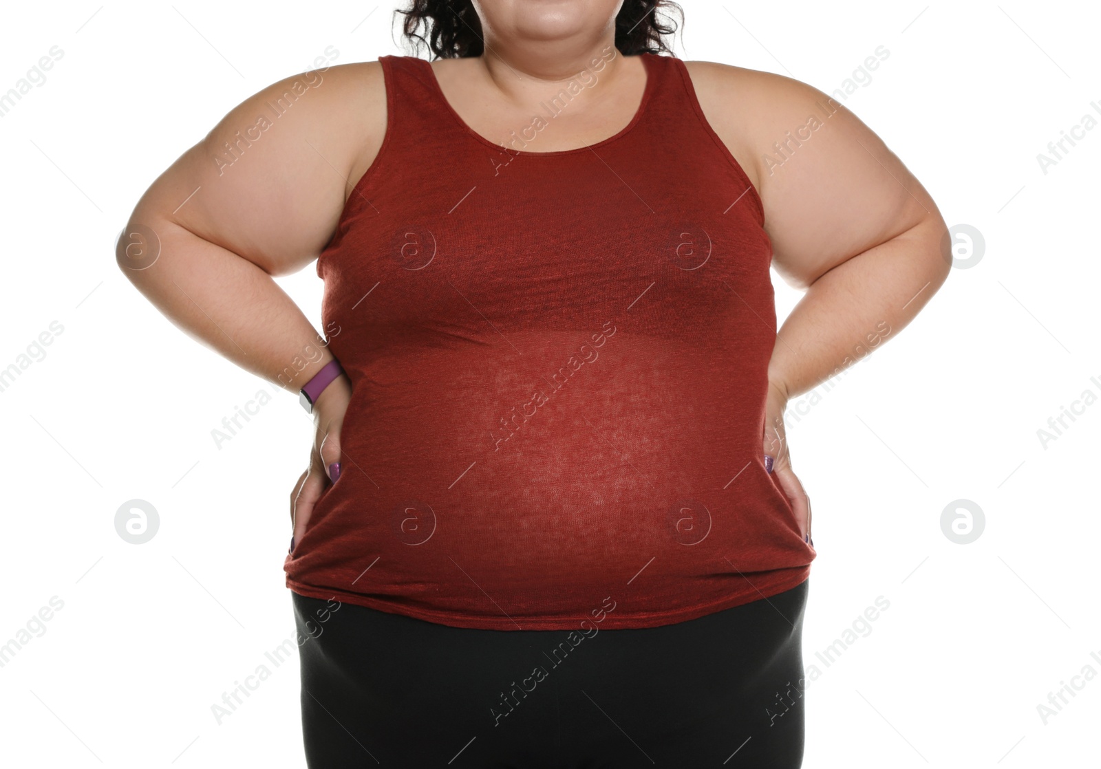 Photo of Overweight woman posing on white background, closeup