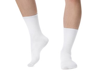 Photo of Man in stylish socks on white background, closeup