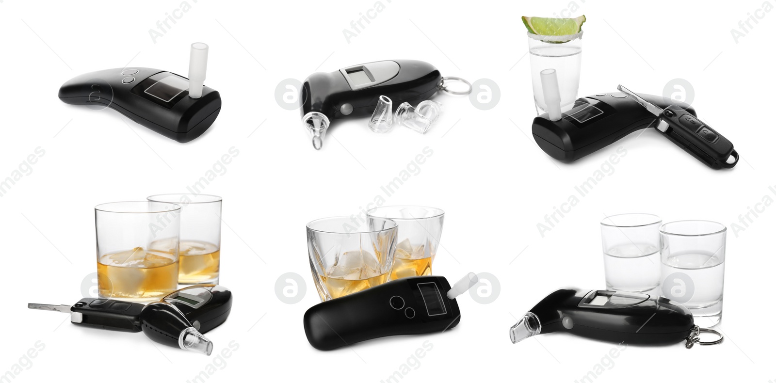 Image of Set with modern digital breathalyzers on white background, banner design