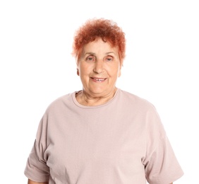 Portrait of elderly woman on white background