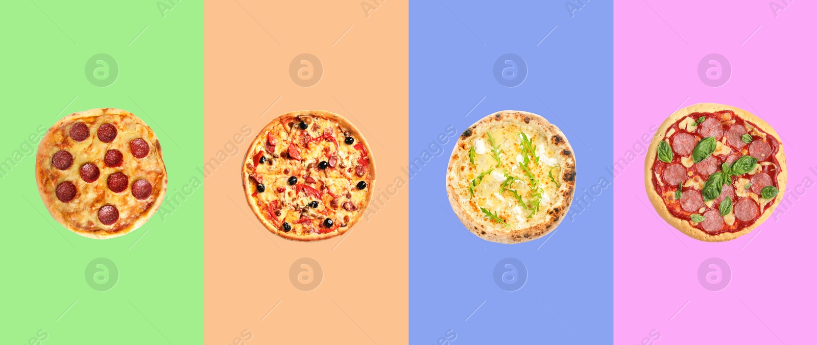 Image of Set of delicious pizzas on different color backgrounds, top view. Banner design