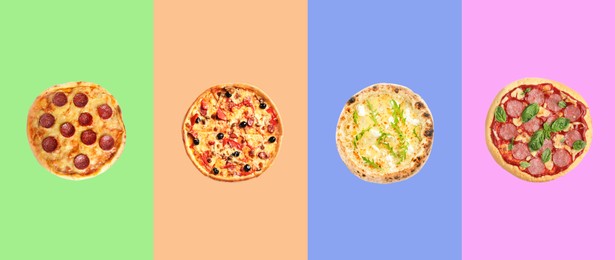 Image of Set of delicious pizzas on different color backgrounds, top view. Banner design