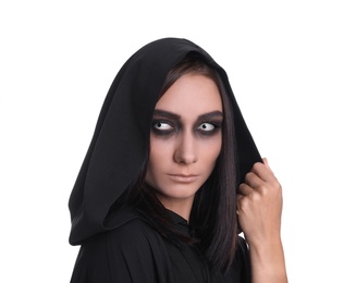 Photo of Mysterious witch with spooky eyes on white background