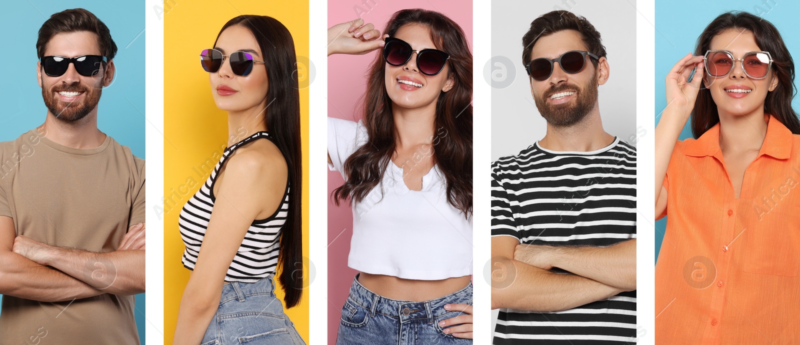 Image of Collage with photos of people with stylish sunglasses on different color backgrounds. Banner design