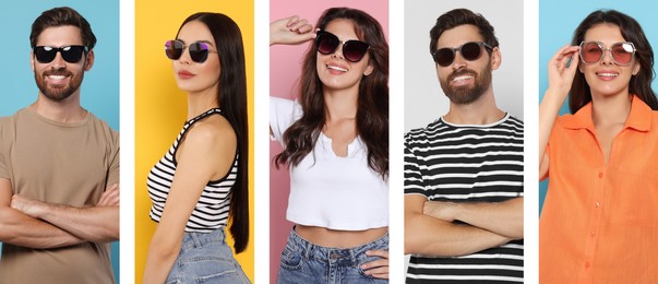 Image of Collage with photos of people with stylish sunglasses on different color backgrounds. Banner design