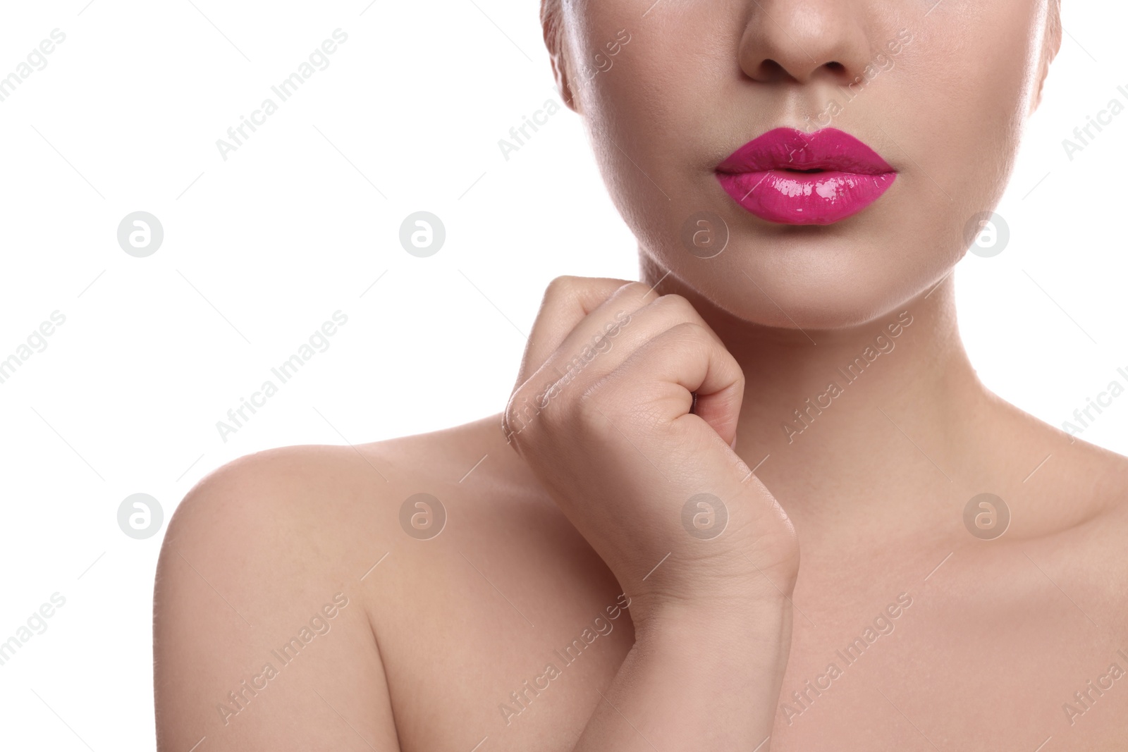 Photo of Closeup view of woman with beautiful full lips on white background