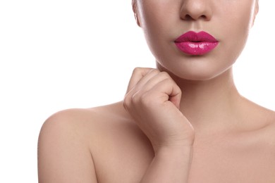 Photo of Closeup view of woman with beautiful full lips on white background