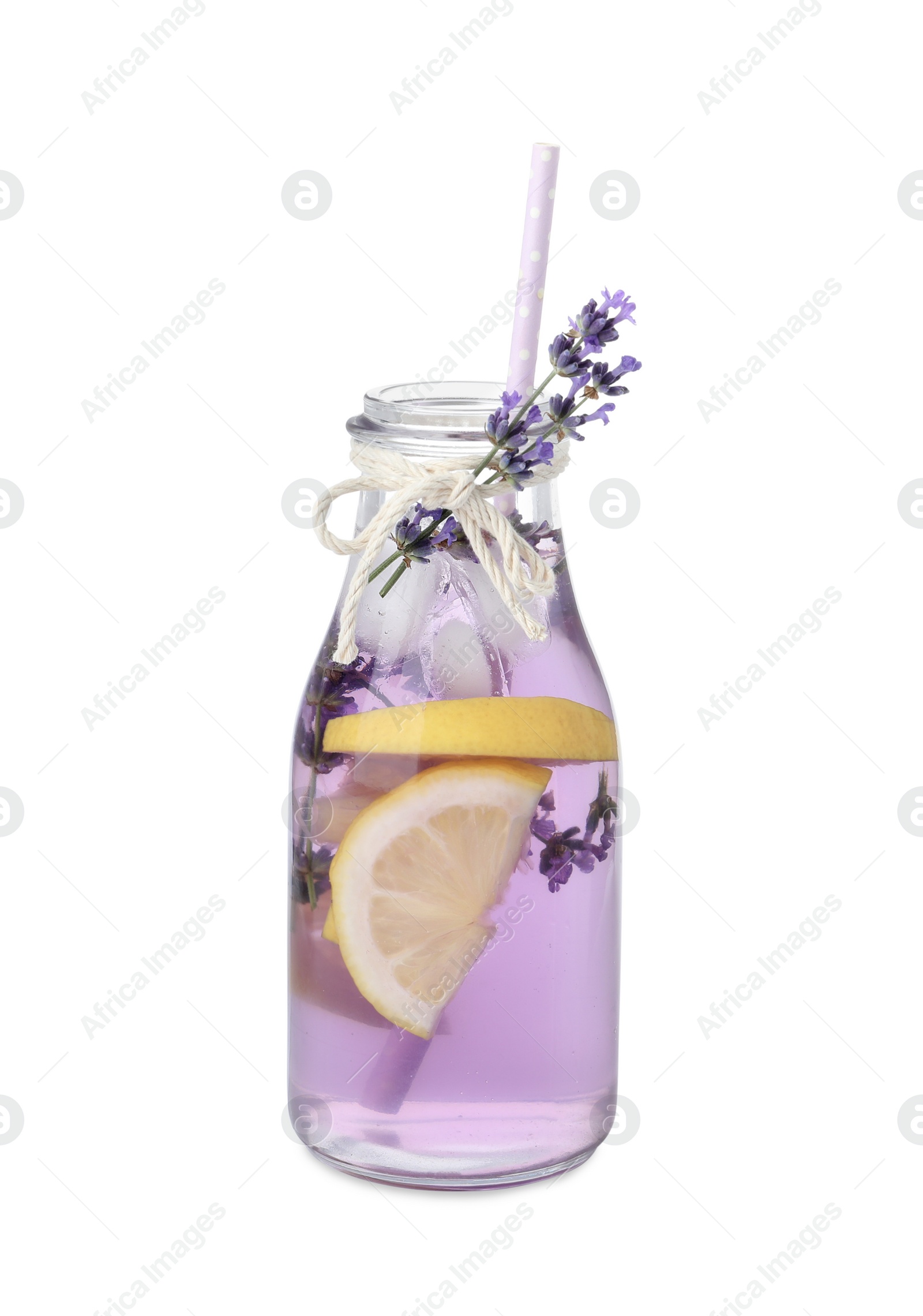 Photo of Fresh delicious lemonade with lavender and straw isolated on white