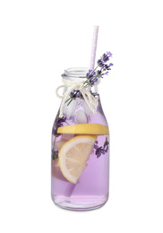 Photo of Fresh delicious lemonade with lavender and straw isolated on white