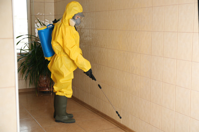 Pest control worker spraying pesticide indoors. Space for text
