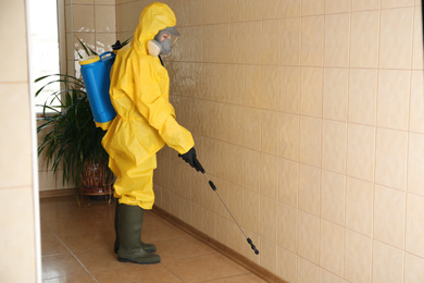 Photo of Pest control worker spraying pesticide indoors. Space for text