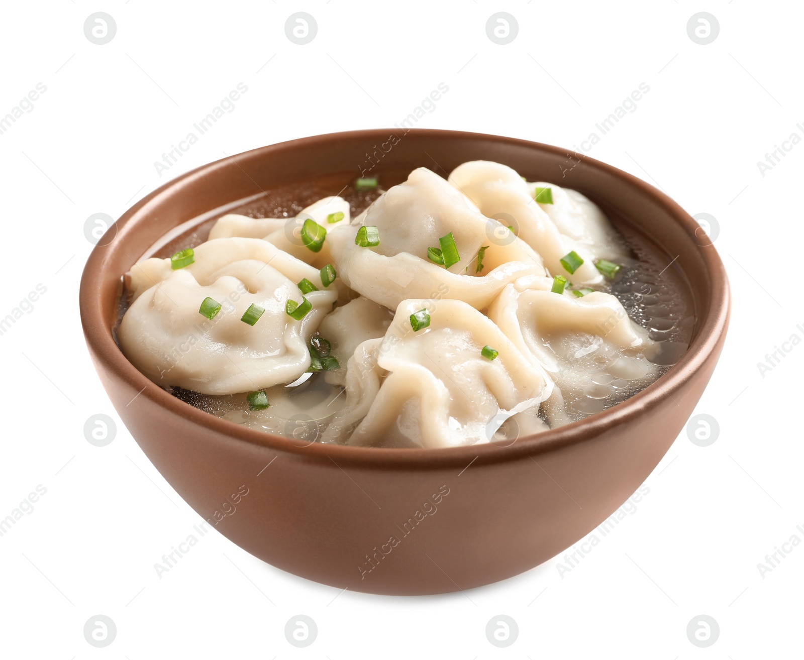 Photo of Bowl of tasty dumplings in broth isolated on white