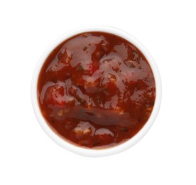 Photo of Tasty tomato sauce in bowl isolated on white, top view