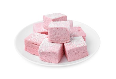 Photo of Plate of delicious sweet marshmallows with powdered sugar isolated on white