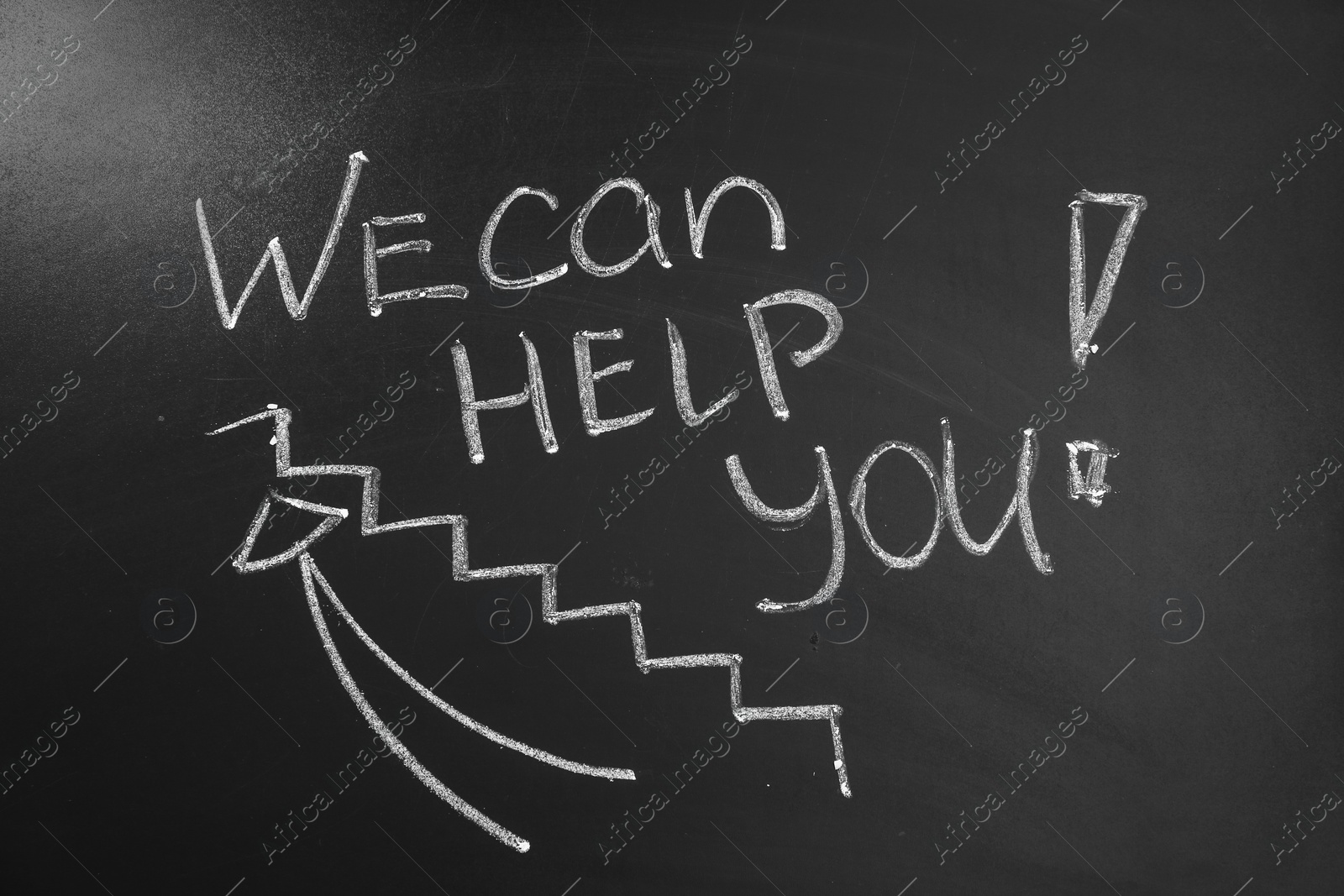 Photo of Drawing of stairs and phrase WE CAN HELP YOU on chalkboard