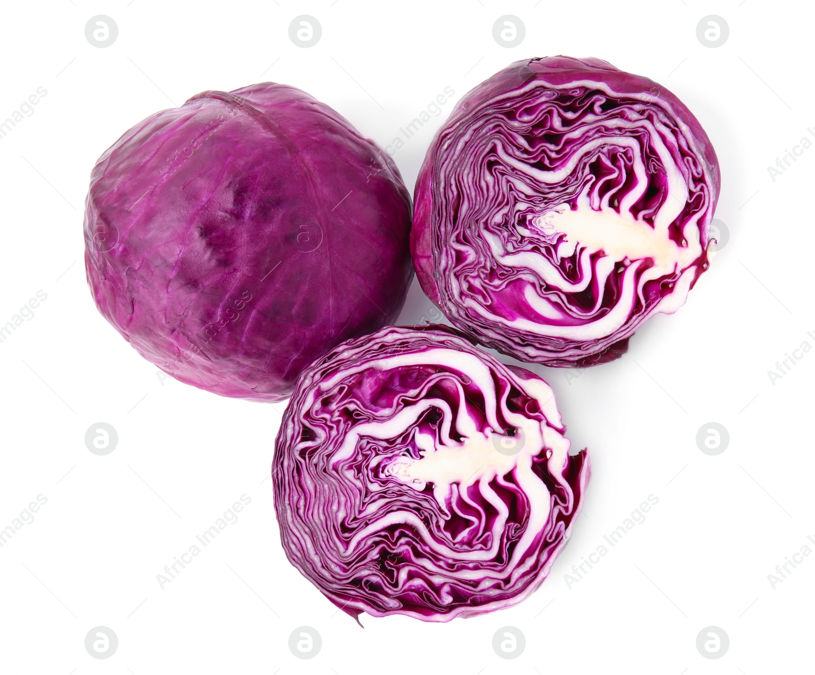 Photo of Whole and cut fresh red cabbages isolated on white, top view