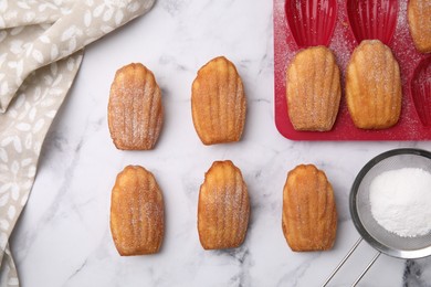 Photo of Delicious madeleine cookies and baking mold on white table, flat lay