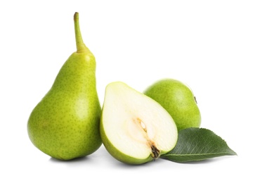 Whole and sliced pears on white background